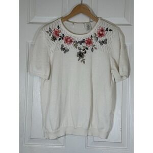 VTG Cottagecore Granny Floral Butterfly Short Sleeve Knit  Sweater Size Large